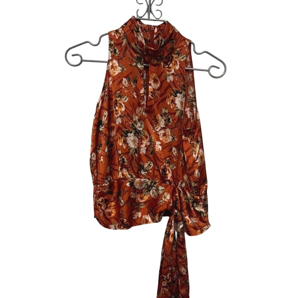 White House Black Market‎ Floral Mock Neck Sleeveless Tie Waist Blouse